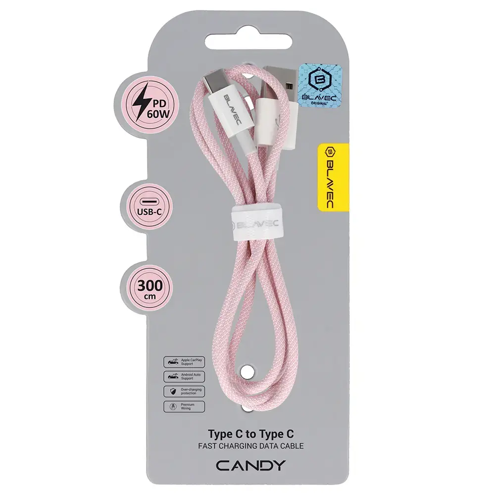 Blavec CCA-UC3P30 andmeedastus- ja laadimiskaabel | USB-A kuni USB-C | 60W | 3m | roosa
