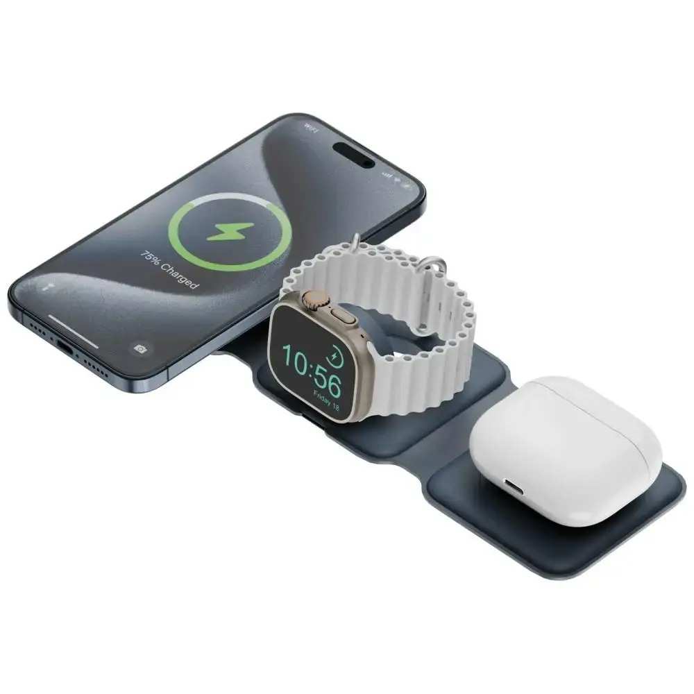 ENERGEA Bazic GoMag Trio Plus 3-in-1 bezvadu lādētājs | Qi | Saderīgs ar MagSafe | 15W | zils