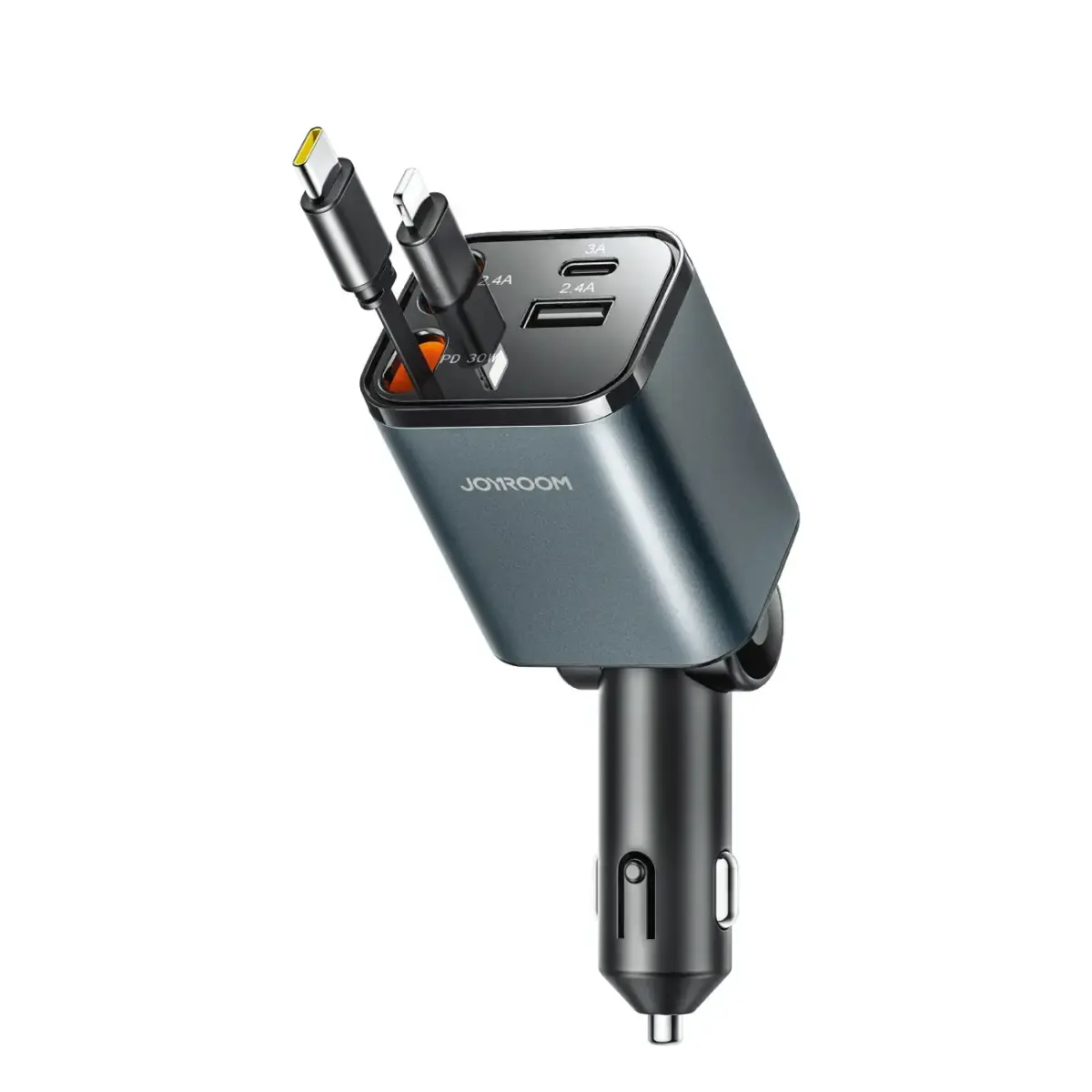 Joyroom JR-CCL05 auto lādētājs | 30W | PD, QC, PPS | USB-C, Lightning, USB-A | ar USB-C un Lightning vadiem komplektā | tumši pelēks
