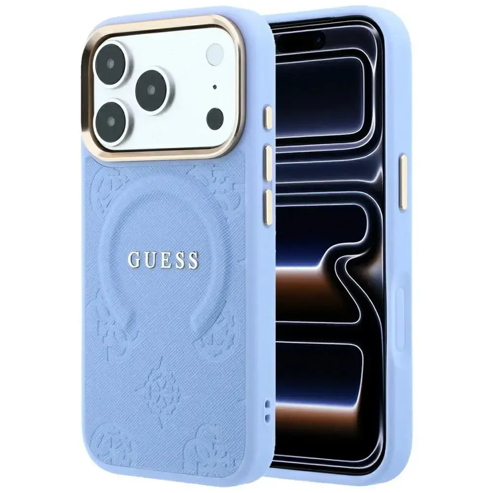 Guess Saffiano Peony & Ring phone case with stand and MagSafe support for iPhone 18 Pro Max | iPhone 17 Pro Max blue
