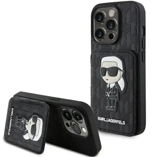 Karl Lagerfeld KLHCP15XSAKKNSCK Saffiano Cardslots and Stand Monogram Ikonik Patch grāmatveida maciņš ar statīvu telefonam iPhone 15 Pro Max melns