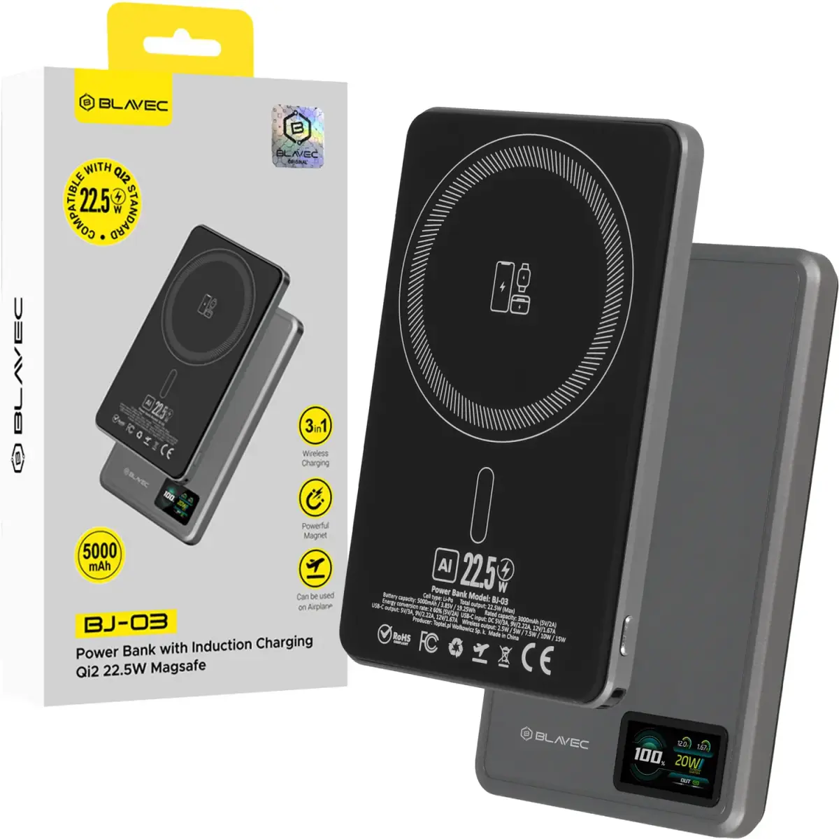 Blavec BJ-03 Ultra Slim 7,8mm external battery (powerbank) | 5000 mAh | 22.5W | USB-C, MagSafe | LED display | gray