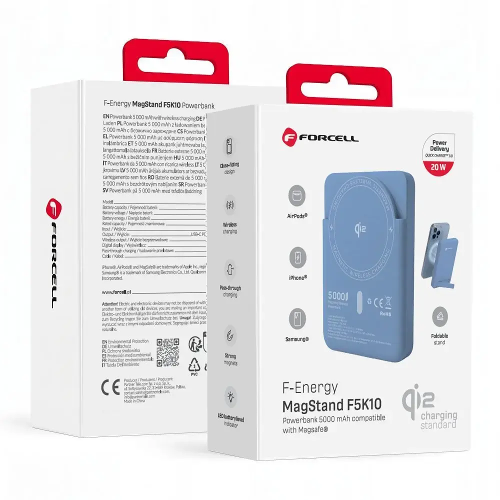 Forcell F-Energy MagStand Qi2 F5K10 ārējais akumulators (powerbank) | 5000 mAh | 20W | PD, QC | MagSafe | balts