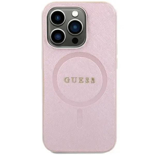 Guess GUHMP15SPSAHMCP Saffiano maciņš ar MagSafe atbalstu telefonam iPhone 15 rozā