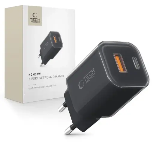 Tech-Protect NCM33W зарядное устройство | 33W | PD | QC | USB-C | с кабелем | с проводом USB-C в комплекте | черное