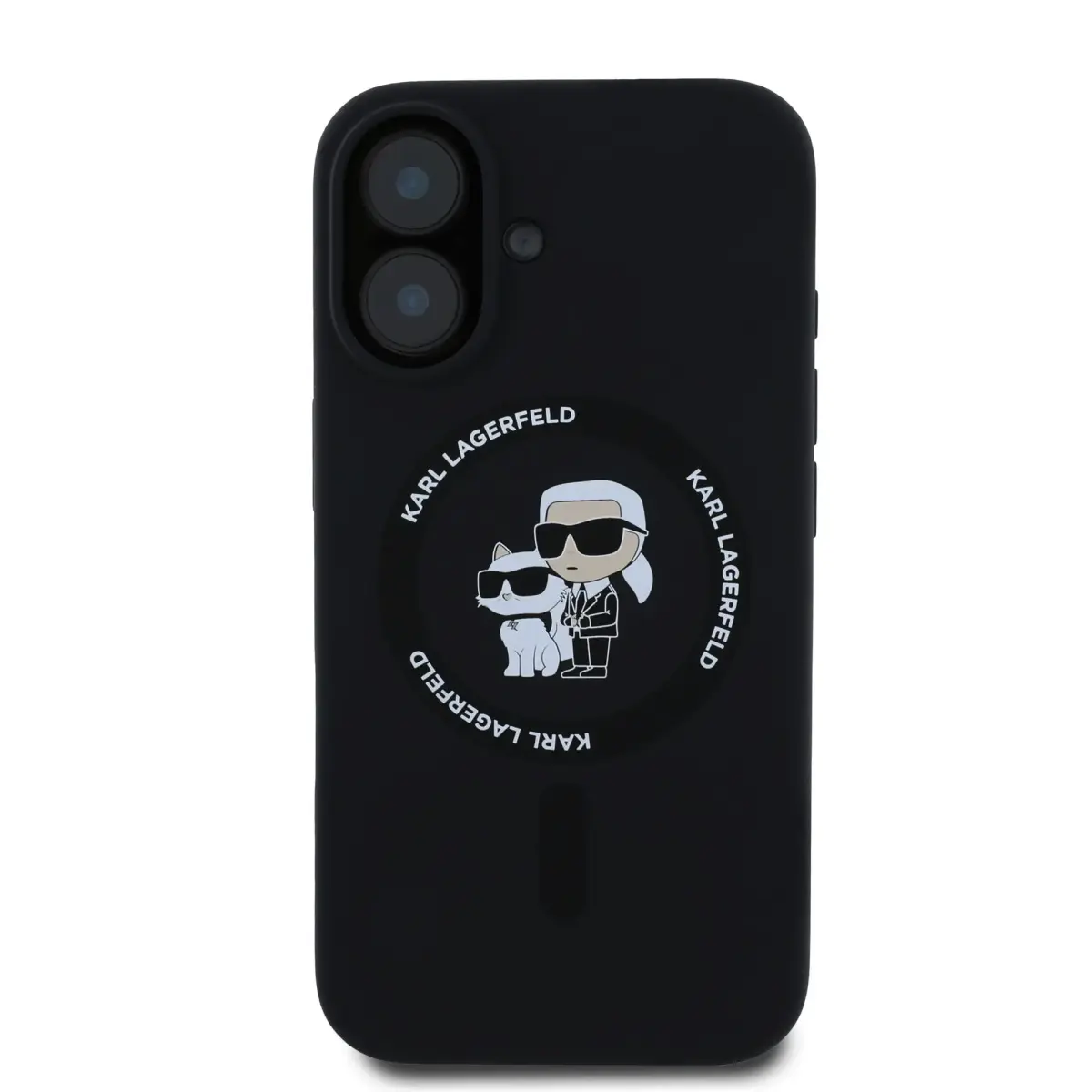Karl Lagerfeld Liquid Silicone Karl and Choupette telefoni ümbris MagSafe toega iPhone 16 must