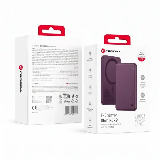 Forcell F-Energy Slim F5K9 ārējais akumulators (powerbank) | 5000 mAh | 15W | PD, QC | USB-C, MagSafe | sarkans