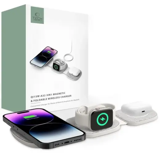 Tech-Protect QI15W-A32 3-in-1 bezvadu lādētājs | Qi | Saderīgs ar MagSafe | 15W | pelēks