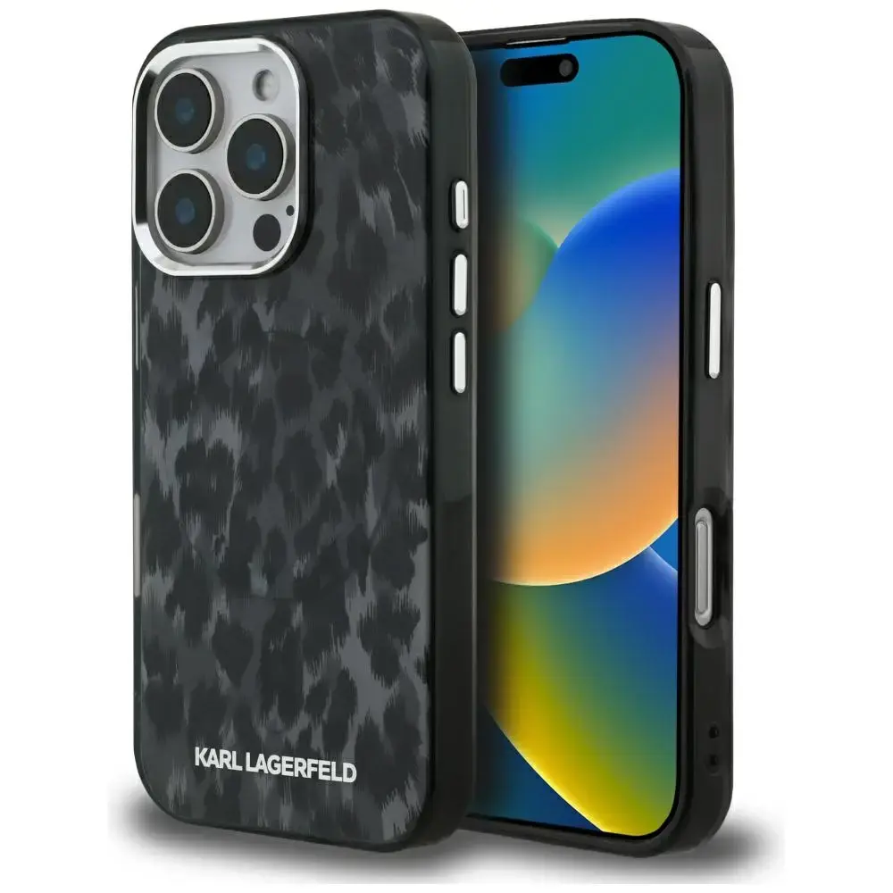 Karl Lagerfeld IML Leopard Pattern telefono dėklas su MagSafe palaikymu iPhone 16 Pro juodas