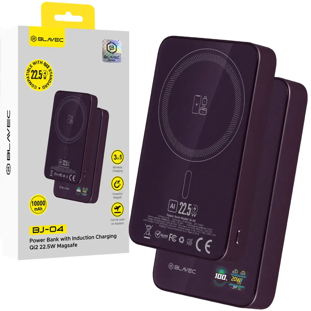 Blavec Power Bank 10000mAh BJ-04 Slim 13,5mm - Type C - 22,5W magnetic Magsafe 3 in 1 (PBBJ04-MC5P) purple