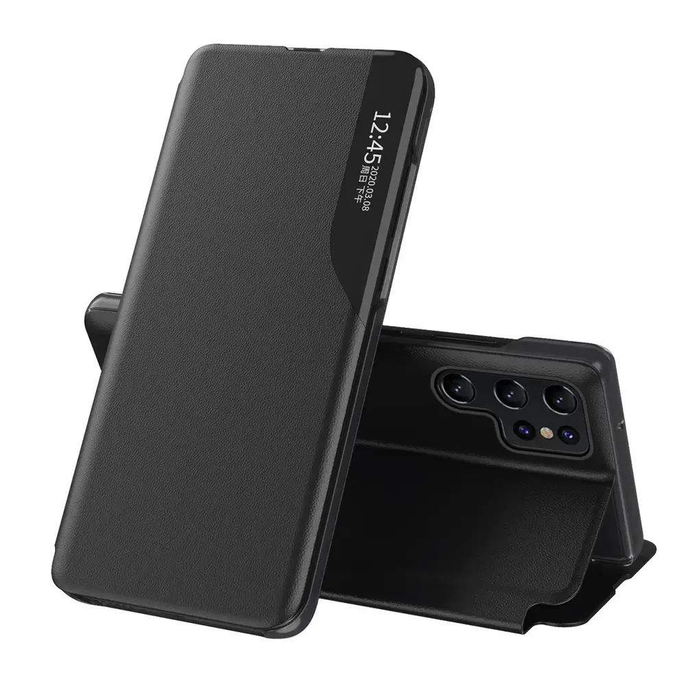 Eco Leather View knyginio tipo telefono dėklas su stovu Samsung Galaxy S25 Ultra (S938) juodas