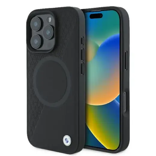 BMW BMHMP16L23RTPK Sign Leather Half Textured And Circle telefoni ümbris MagSafe toega iPhone 16 Pro must