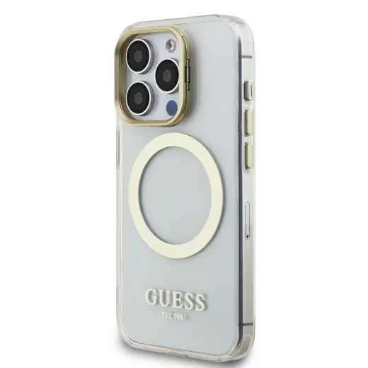 Guess IML Gold Outline Stand Camera Frame MagSafe Case for iPhone 15 Pro Max Transparent