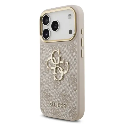 Guess PU Leather 4G Metal Logo Gold Frame Case for iPhone 18 Pro Pink