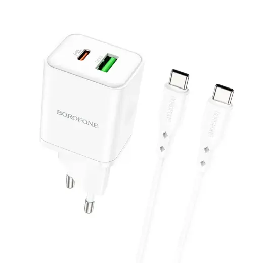 Зарядное устройство Borofone BN7 | 20W | PD, QC | USB-A, USB-C | с кабелем USB-C на USB-C в комплекте | белое