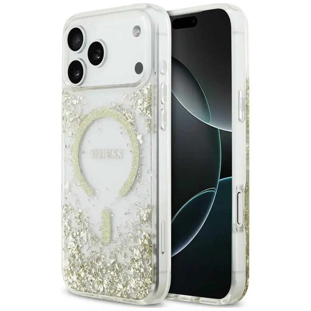 Guess Resin Bottom Glitter maciņš ar MagSafe atbalstu telefonam iPhone 18 Pro Max | iPhone 17 Pro Max zelta krāsā