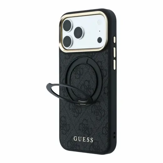 Guess PU 4G Ring Stand maciņš ar statīvu un MagSafe atbalstu telefonam iPhone 18 Pro Max melns