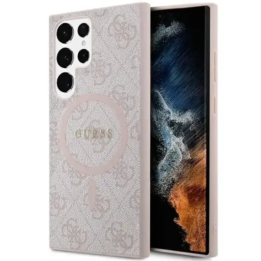 Guess 4G Collection Leather Metal Logo чехол с поддержкой MagSafe для телефона Samsung Galaxy S24 Ultra (S928) розовый