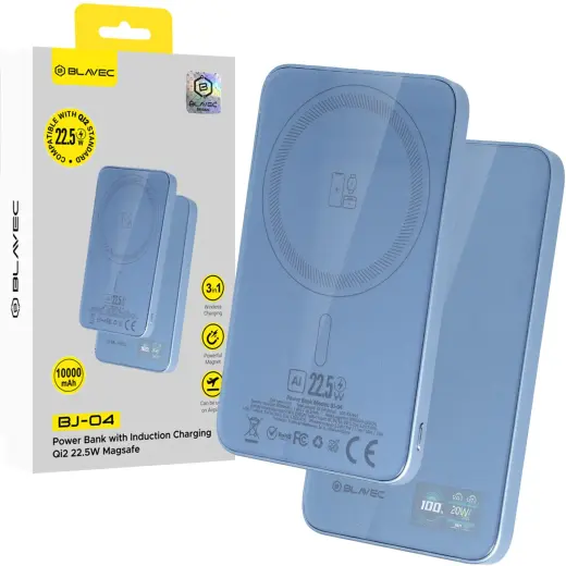 Blavec Power Bank 5000mAh BJ-04 Ultra Slim 7,8mm - Type C - 22,5W magnetic Magsafe 3 in 1 (PBBJ04-MC5LB) lightblue glass
