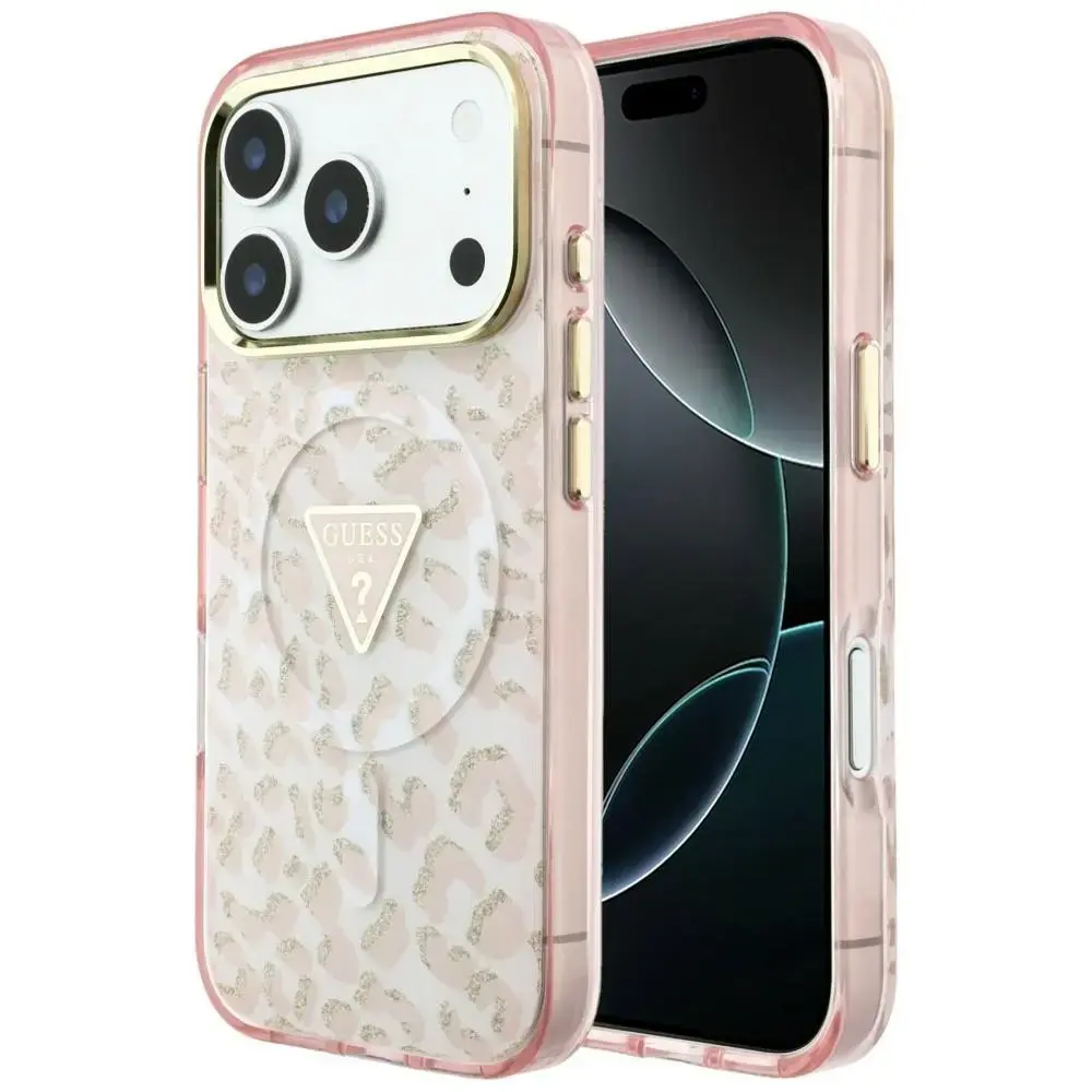 Case Guess IML Leopard Glitter Triangle  Logo MagSafe for iPhone 18 Pro Max / iPhone 17 Pro Max pink