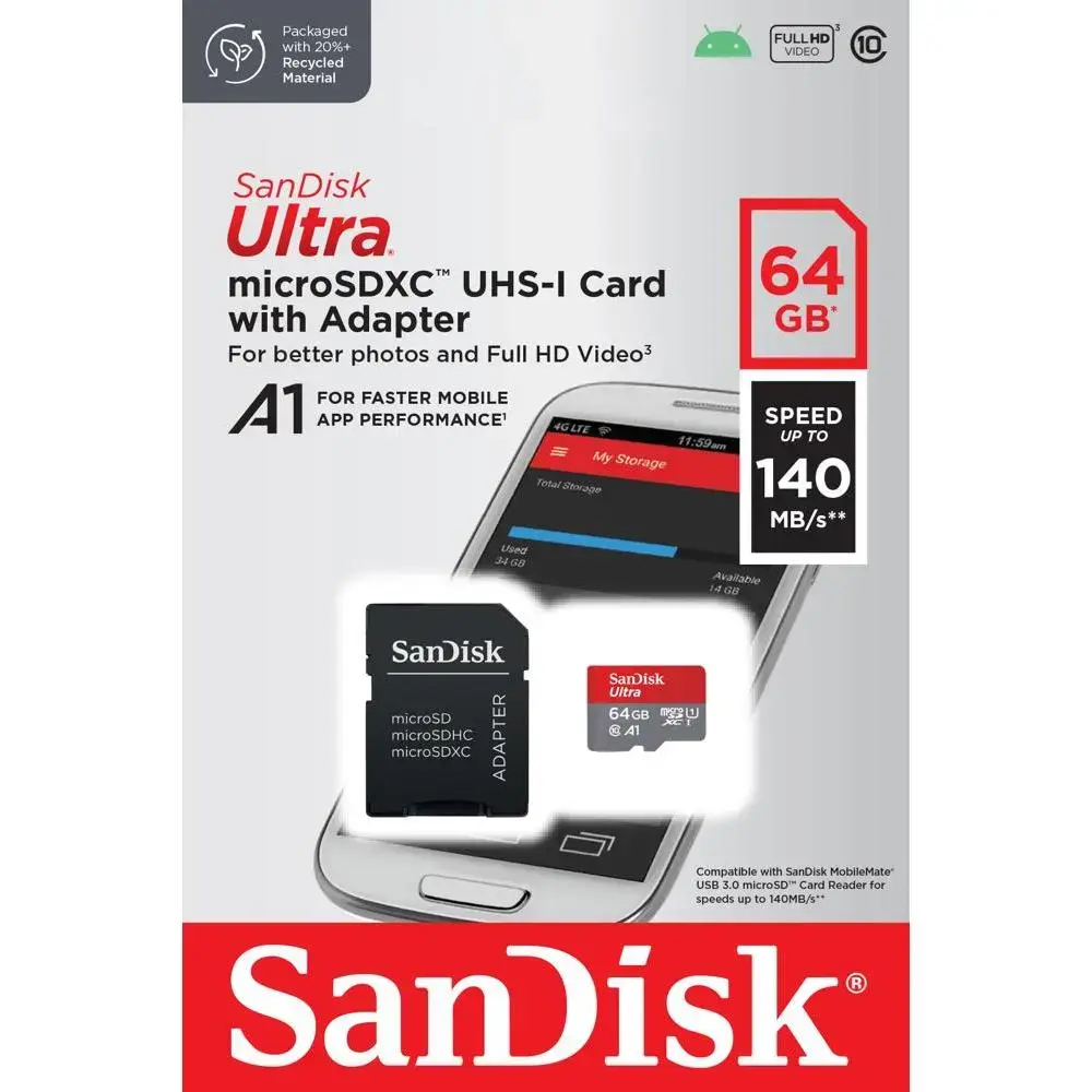 SanDisk memory card Ultra Android microSDXC 64GB 140MB/s A1 Cl.10 UHS-I + adapter