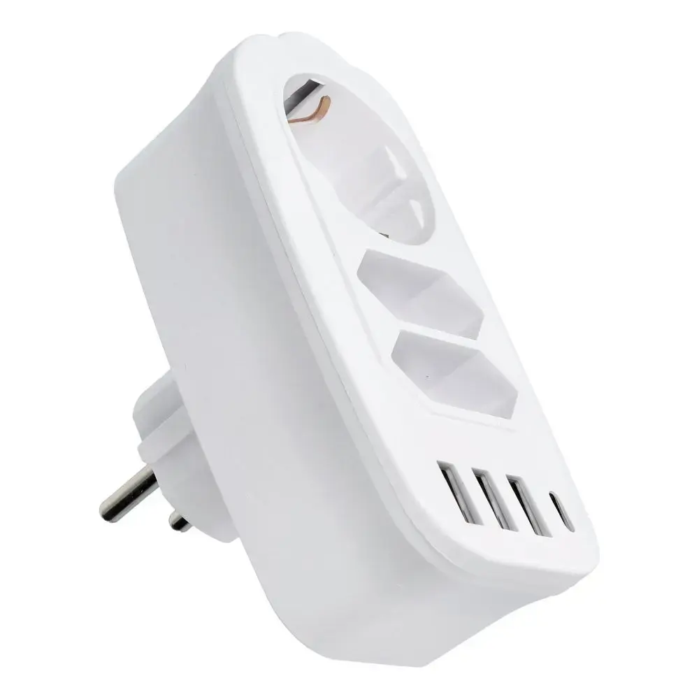 Power strip with 3 sockets max 16A with 3x USB A, 1x typ C ports E06 white