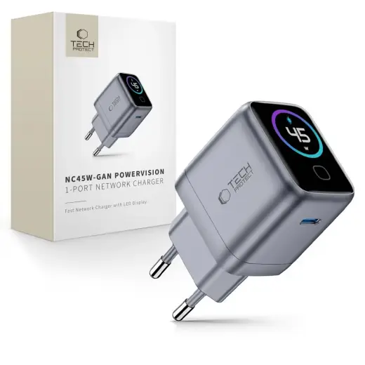 Tech-Protect PowerVision tīkla lādētājs | 45W | PD, GaN | pelēks