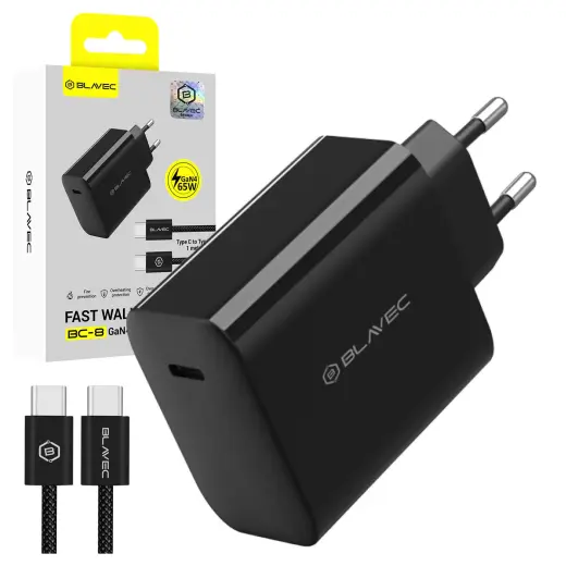 Зарядное устройство Blavec BC-8 | 65W | PD, QC, GaN | USB-C | с кабелем USB-C на USB-C в комплекте | чёрное