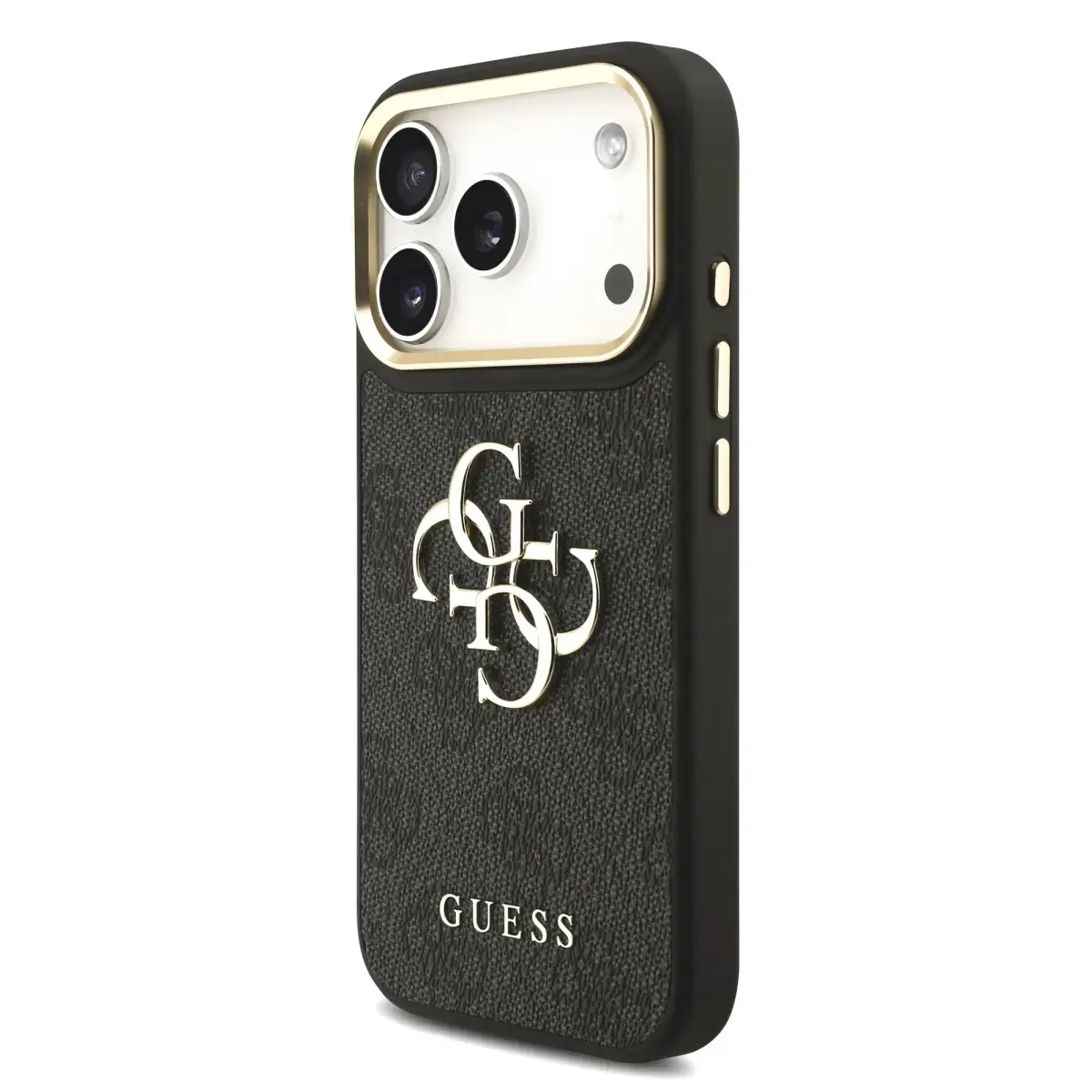 Guess PU Leather 4G Metal Logo Gold Frame Case for iPhone 17 Pro Black