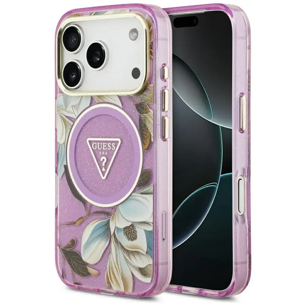 Guess IML Glitter Flowers Triangle maciņš ar MagSafe atbalstu telefonam iPhone 17 Pro | iPhone 18 Pro violets