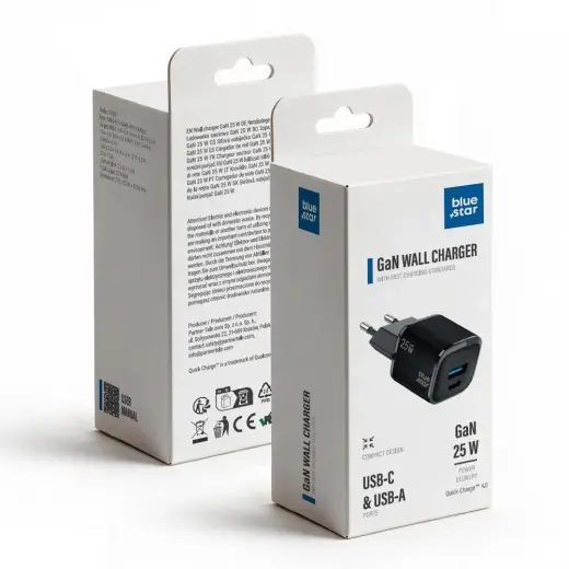 Blue Star Nano GaN VT-331 tīkla lādētājs | 25W | PD, QC, GaN | USB-A, USB-C | melns