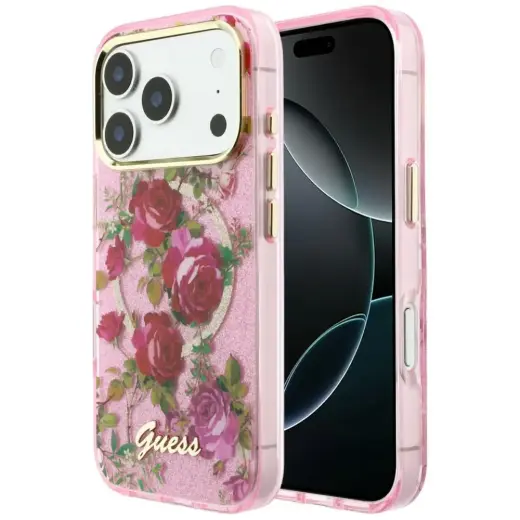Case Guess IML Glitter Blossom Roses for iPhone 18 Pro / iPhone 17 Pro pink