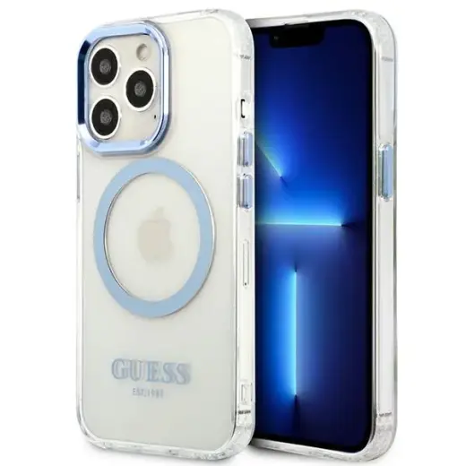 Guess GUHMP13XHTRMB Metal Outline maciņš ar MagSafe atbalstu telefonam iPhone 13 Pro Max zils