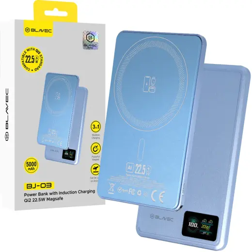 Blavec Power Bank 5000mAh BJ-03 Ultra Slim 7,8mm - Type C - 22,5W magnetic Magsafe 3 in 1 (PBBJ03-MC5LB) lightblue aluminum