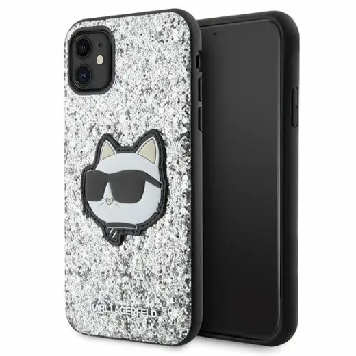 Karl Lagerfeld KLHCN61G2CPS Glitter Choupette Patch telefoni ümbris iPhone 11 | iPhone XR hõbedane (kass)