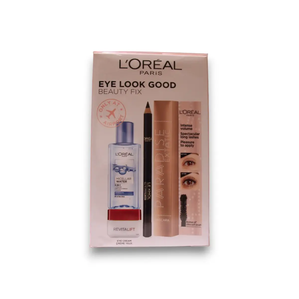 Eye Look Good Beauty Fix Set L'Oreal Paris: L'Oreal Paris, Cleansing, Micellar Water, For All Skin Types, 95 ml + Paradise Extatic, Volumizing, Mascara, Black, 6.4 ml +  Le Khol By Superliner, Kohl Eyeliner, 101, Midnight Black, 1.2 g + Revitalift, Anti-Wrinkle, Eye Cream, 15 ml