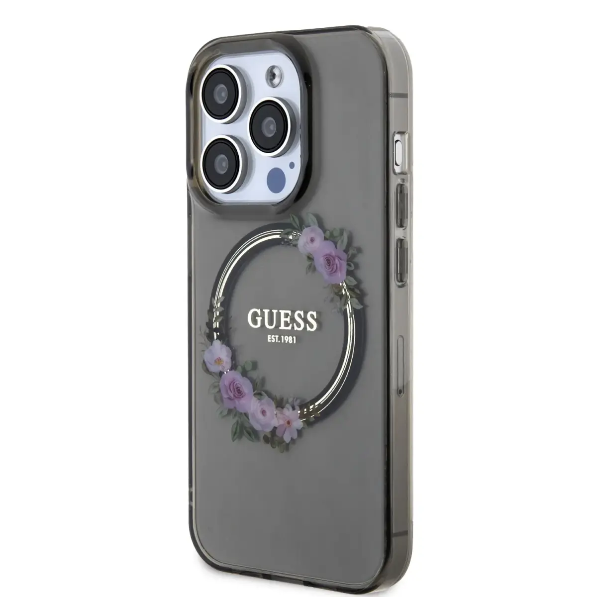 Guess PC|TPU Flowers Ring Glossy Logo maciņš ar statīvu un MagSafe atbalstu telefonam iPhone 15 Pro melns
