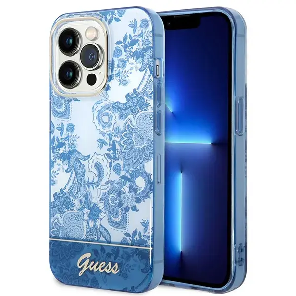 Guess GUHCP14XHGPLHB Porcelain Collection telefono dėklas iPhone 14 Pro Max mėlynas