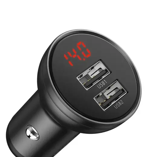 Baseus Digital Display Dual USB 4.8A auto lādētājs | 24W | USB-A, USB-C, micro USB, Lightning | ar USB-A uz USB-C, micro USB, Lightning vadu komplektā | ar LCD ekrānu | melns