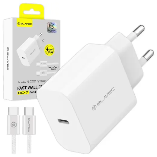 Зарядное устройство Blavec BC-7 | 45W | PD, QC, GaN | USB-C | с кабелем USB-C на USB-C в комплекте | белое