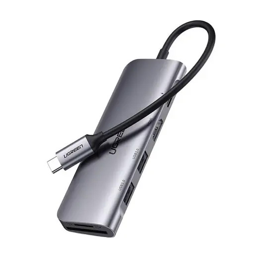 Ugreen CM195 6-in-1 adapteris | USB-C uz 2x USB 3.0, HDMI, USB-C, SD, microSD (TF) | 100W | pelēks