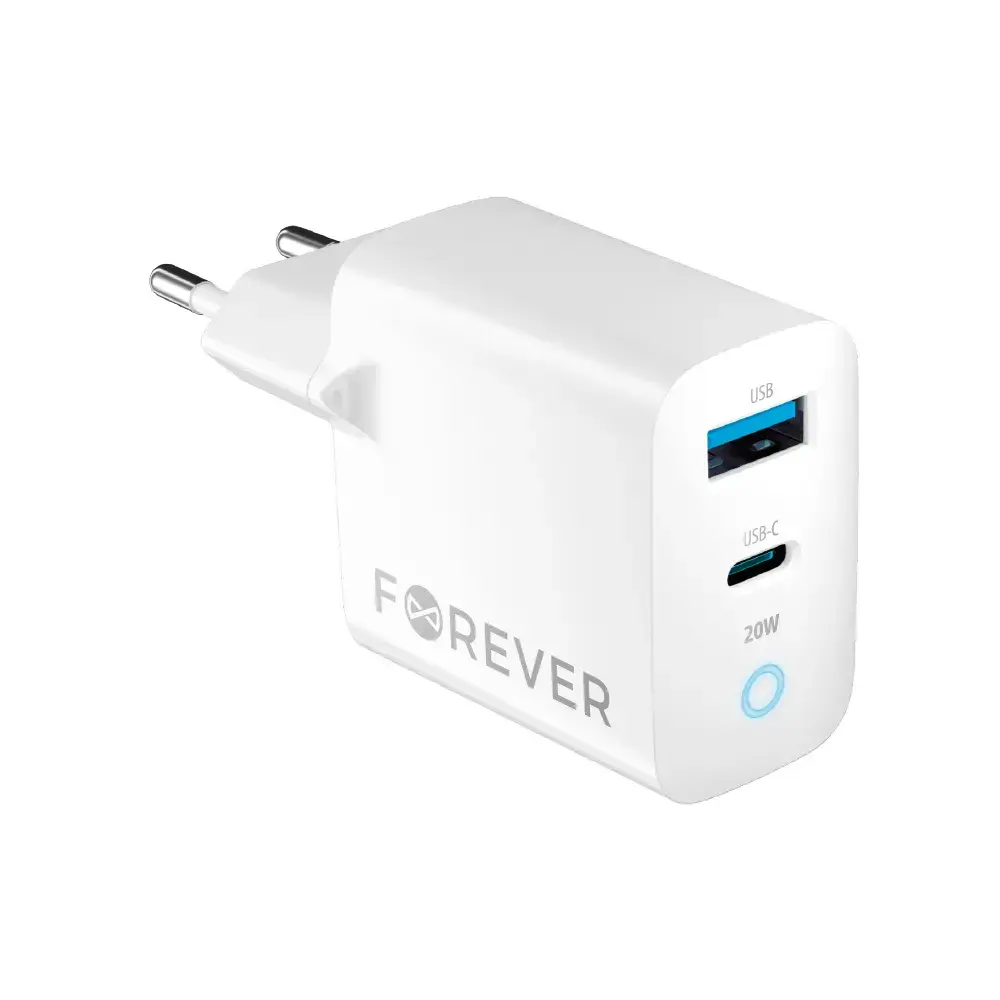 Forever TC-06-20AC travel charger | 20W | PD, QC | USB-C, USB-A | white