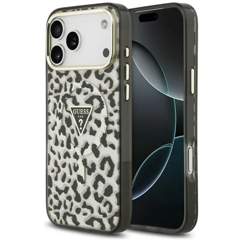 Guess IML Leopard Glitter Triangle Logo maciņš ar MagSafe atbalstu telefonam iPhone 18 Pro Max | iPhone 17 Pro Max melns