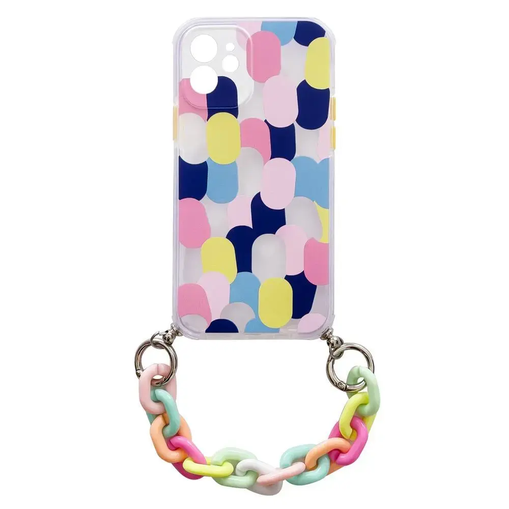 Color Chain gelinis lankstus telefono dėklas su grandinėlės pakabuku iPhone 13 mini daugiaspalvis