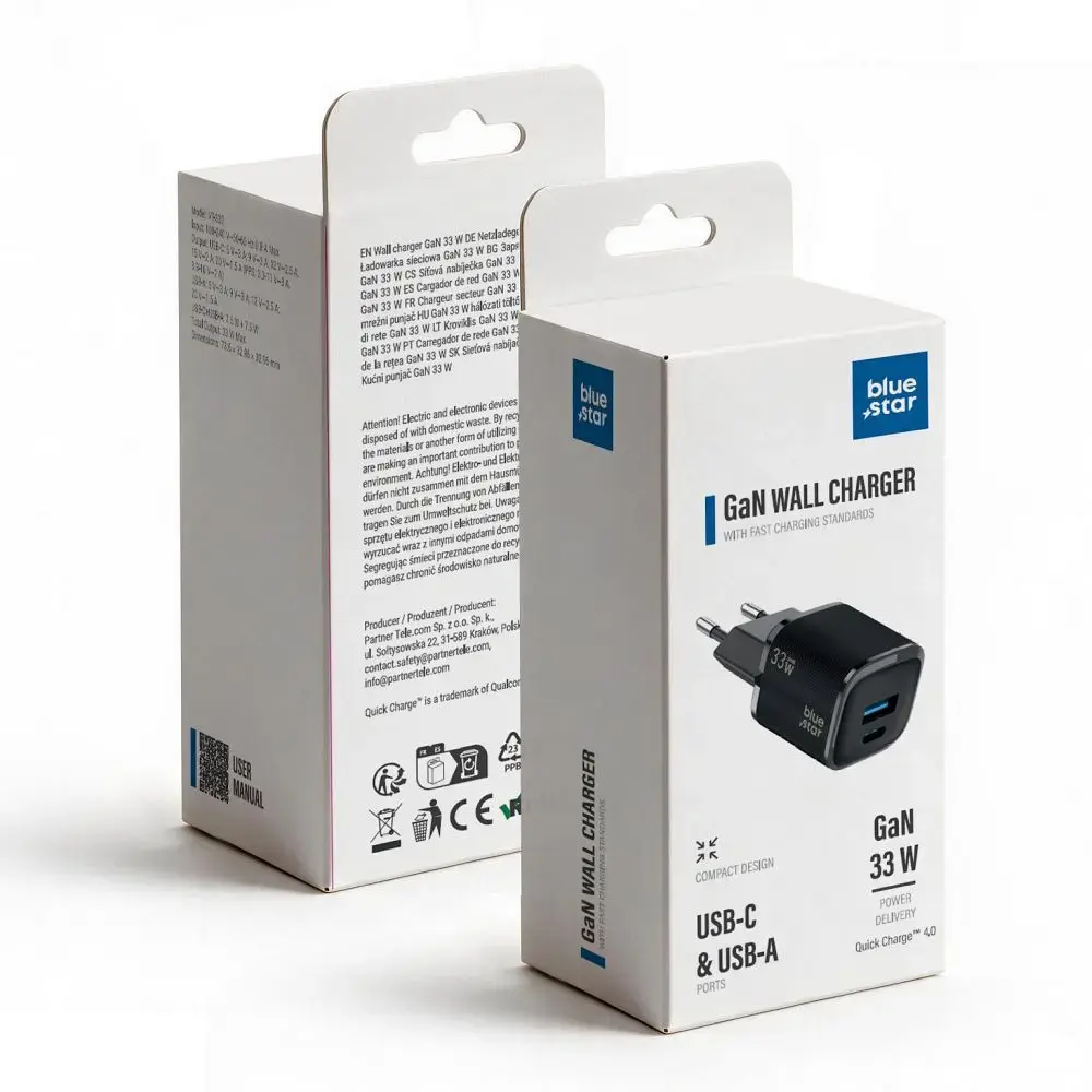 Blue Star Nano VT-332 tīkla lādētājs | 33W | PD, QC, GaN | USB-C, USB-A | melns