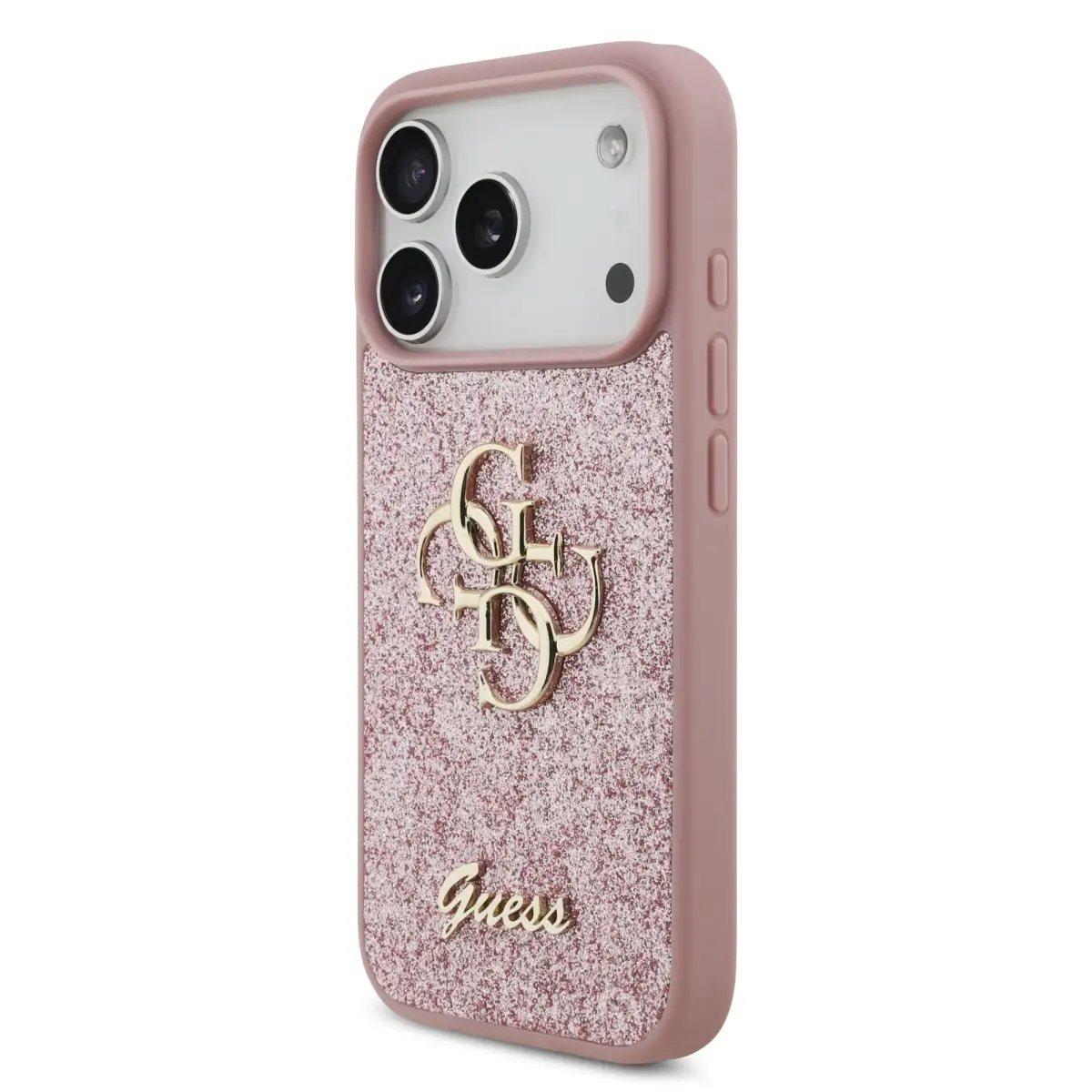 Guess PU Fixed Glitter 4G Metal Logo telefoni ümbris iPhone 18 Pro roosa