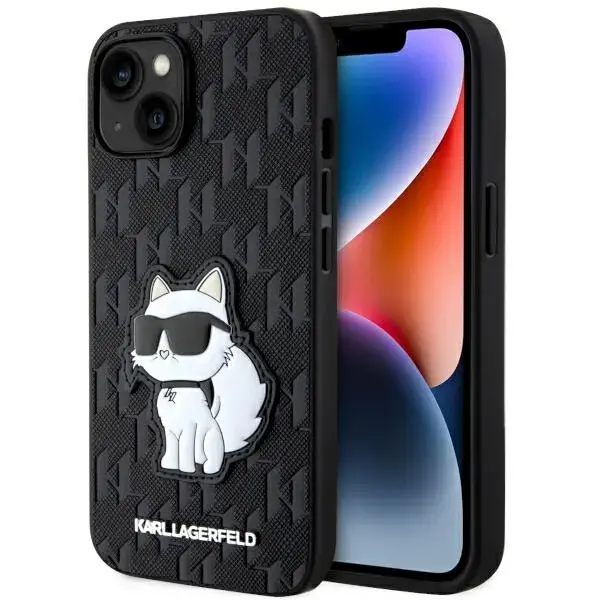 Karl Lagerfeld KLHCP14SSAKHPCK Saffiano Monogram Choupette maciņš telefonam iPhone 14 melns (kaķis)
