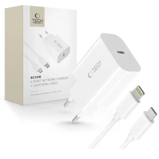Зарядное устройство Tech-Protect NC20W | 20W | PD | USB-C | с кабелем USB-C на Lightning в комплекте | белое