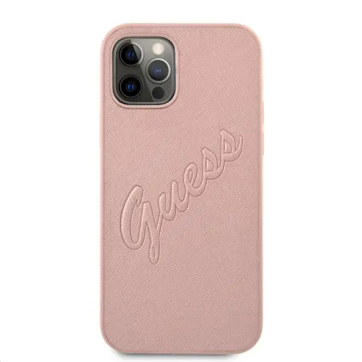 Guess GUHCP12LRSAVSRG PU Saffiano Vintage Script maciņš telefonam iPhone 12 Pro Max rozā