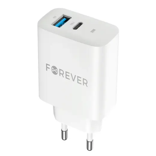 Forever TC-07-30AC travel charger | 30W | PD, QC | USB-C, USB-A | white